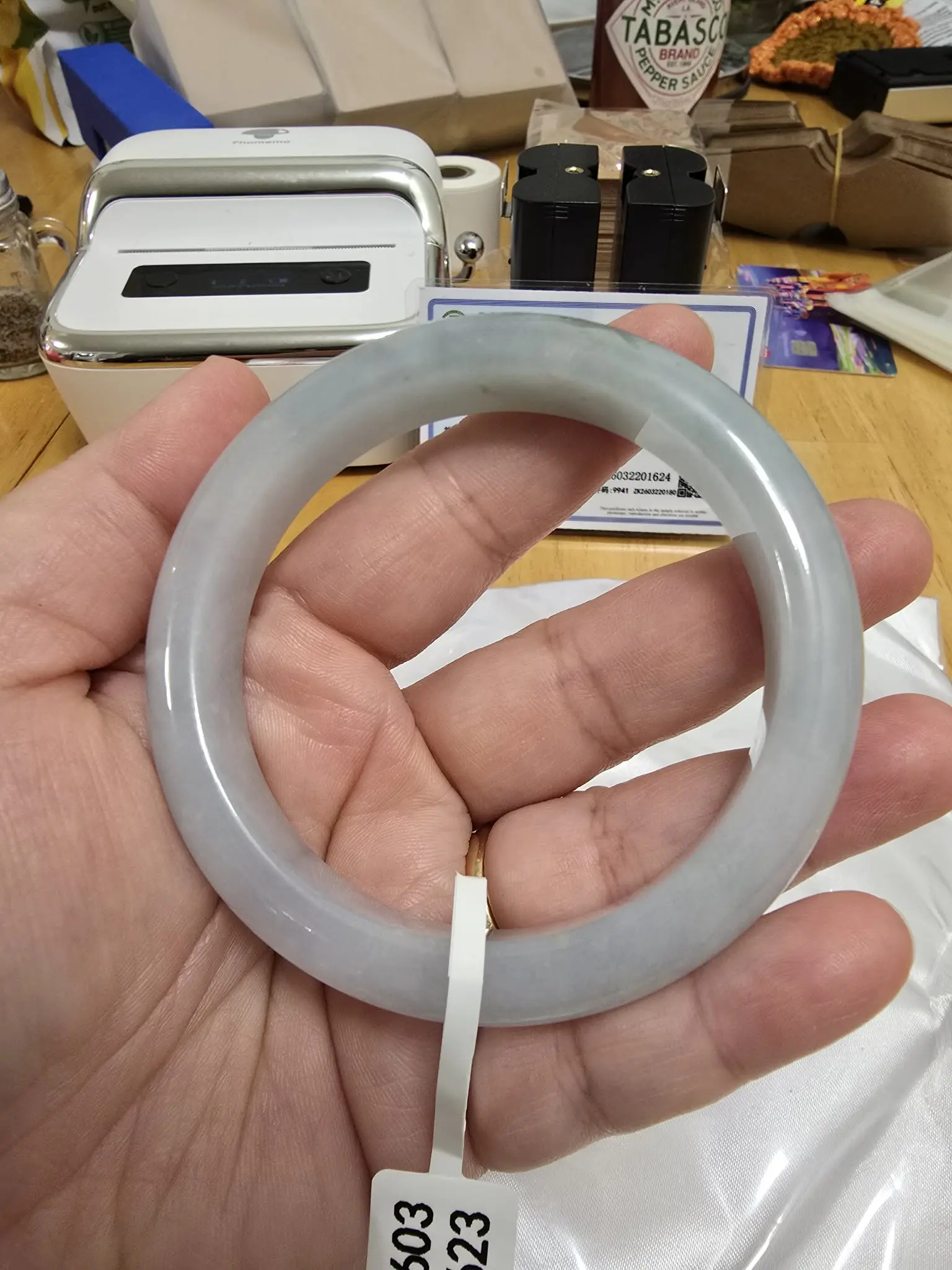Certified Type A Burma Jadeite Bangle – Soft Blue-Green with Little Sajin - 57mm