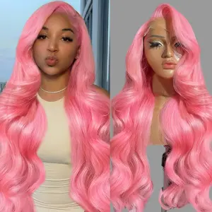 AMZHAIR Body Wave Pink Human Hair Wig 13x4 Straight HD Lace Front Wig Human Hair Pre Plucked High Density Pink HD Lace Frontal Wig Brazilian Pink Color Lace Frontal Wig Bone Straight HD Light Lace Front Wigs For Women Transparent Glueless Colored Lace Wig