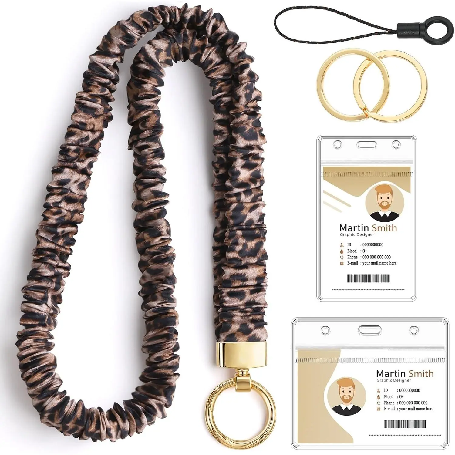Women's Leopard Print Scrunchie Lanyards with Synthetic Retractable Strap, Stretchy Cord, Adjustable Elastic Straps & Included Card Holder for Office ID Badges/Access Cards (Office Identification Supplies)