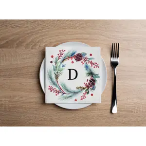 Disposable Paper Cocktail Napkin With Christmas Holiday Watercolor Flower Monogram "D" - Pack of 20