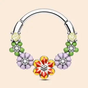 OUFER Body Jewelry 16G Sparkling Zircon Inlay Colorful Flower Septum Ring - 10mm Inner Diameter, Nose Piercing Daith Accessory, Summer Vibe Fashion Piece