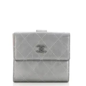 Pre-owned CHANEL Lambskin Small Leather Goods Silver Trifold Flap Wallet Quilted Lambskin