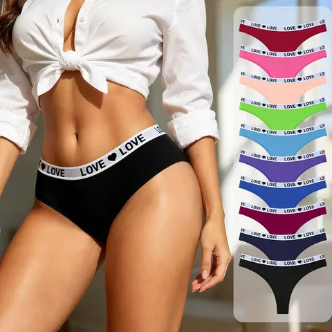 Hotcom Women's Elegant Low-Rise Thong Lingerie Set - 5/7/10-Packs, Sleek Look, Fitted Plain Cotton Spandex Fabric, Love Heart Band, Breathable Invisible Design, Double-Layer Crotch, Ideal for Spring/Fall, XL Size (Do Not Iron)
