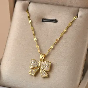 Solid Crystal Bow Stainless Steel Necklace for Women - 1pc Daily Wear Accessory