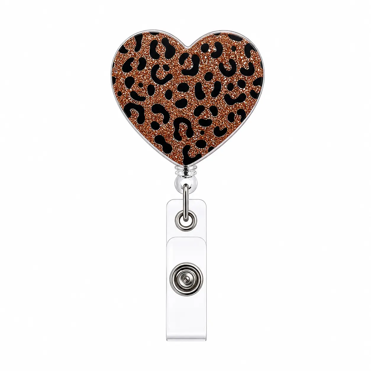 Valentines Badge Reel Retractable Leopard Print Heart Badge Holder Sparkling Glitter Acrylic Badge Reels Cute Hearts ID Name Tag Valentine Holiday Badge Clip for Nurse Medical Assistant Social Worker