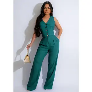 summer spring clothes 2025 new Fashion Elegant Two Piece Set for Women Workwear Office Lady Sleeveless Vest Single-breasted Top + Wide Leg Pants Business Suit Womenswear Check Light Trouser Fitted