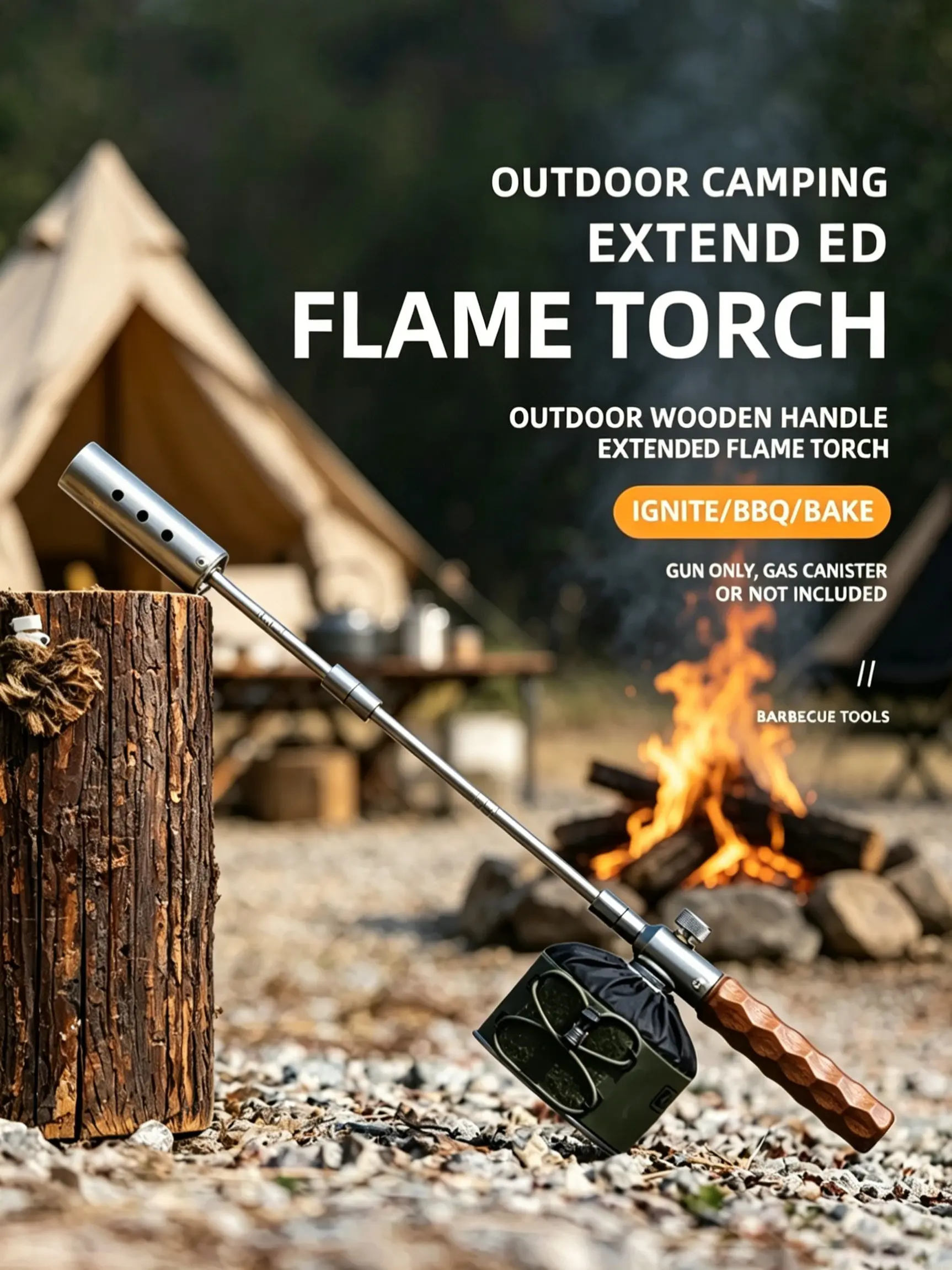 Portable Camping Flame Torch with Detachable Extension, Stainless Steel Body with Non-Slip Wooden Handle, Adjustable for Patio and Long-Term Use, Backyard Grilling, Baking, Exterior, Outdoor Warmth, Universal Adapter Included, Lightweight, Practical, Gard