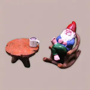 Garden Gnome Outdoor Statue Figurines Funny Gnomes with Miniature Resin Table Chairs Figurines, Gnome Decorations for Yard Home Patio Yard Lawn Balcony Porch Patio Desks Ornament
