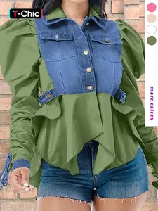 Women's Colorblock Ruched Knot Design Long Sleeve Button Front Blouse Shirts, Casual Leg-of-Mutton Sleeve Pocket Top for Spring & Fall, Women's Clothing