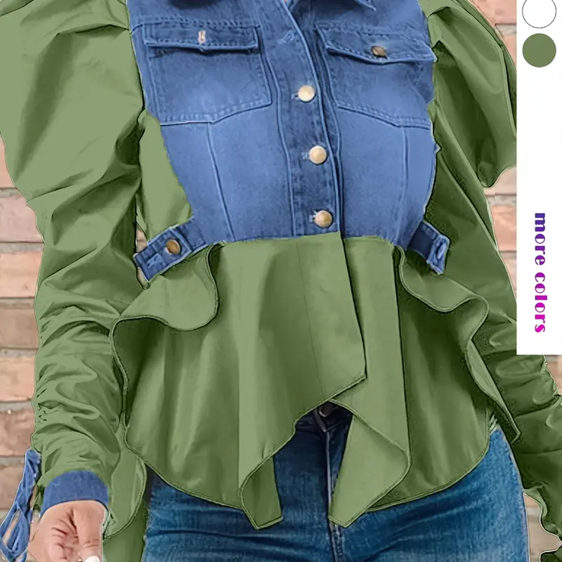 Women's Colorblock Ruched Knot Design Long Sleeve Button Front Blouse Shirts, Casual Chic Leg-of-Mutton Sleeve Pocket Top for Spring & Fall, Women's Clothing Womenswear