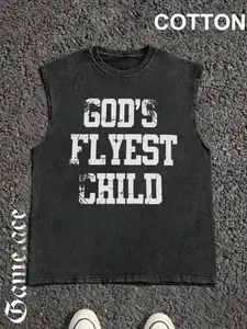 1 PCS God's Flyest Child Distressed Bold Letter Graphic Print, Faith Vintage Streetwear, 100% Cotton Breathable Unisex Muscle Tee for Casual Urban & Religious Style Daily Wear