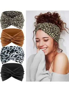 4-Piece Women's Fashion Leopard Print Solid Color Sports Workout Headband Set - Elastic and Soft Headbands for Yoga, Fitness, and Makeup Accessories (Brown, Black, Leopard Brown, Leopard Gray)