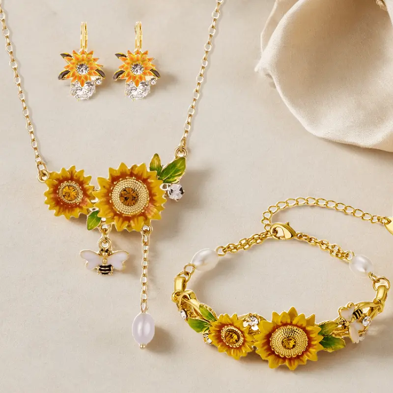 Yellow Sunflower Jewelry Set for Women, Dainty 3-Piece Hypoallergenic Collection with Necklace, Bracelet, and Earrings, Daily Outfits, Three-Pieces