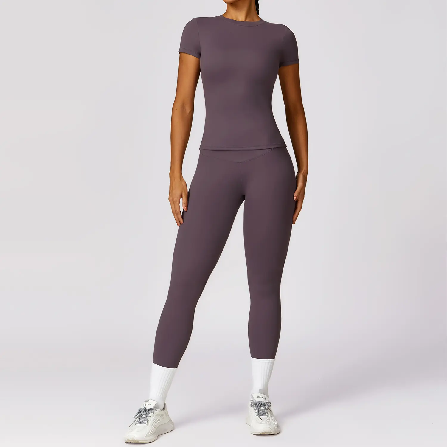 Women's 2-Piece Workout Set - 2 pc set women's sports sweat suit with 78% Polyamide 22% Elastane Buttery Soft Fitted Plain Fabric, High Waist Tummy Control Leggings & Short Sleeve Crop Top, Lightweight, Hang To Dry, Quick Dry, Outdoor, Workout Sets Women,