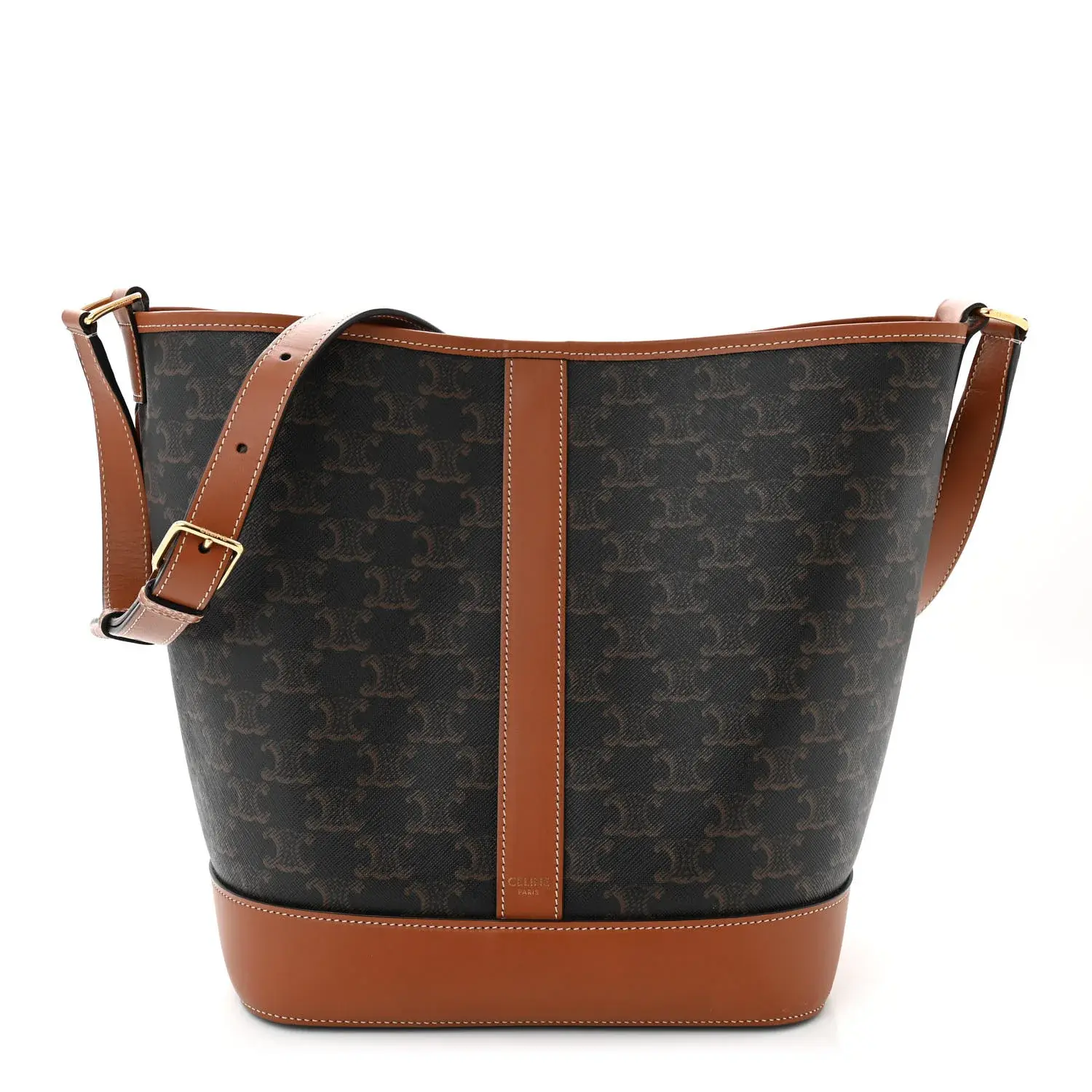 Pre-owned Celine PVC Shoulder Bags Triomphe Canvas Calfskin Medium Bucket Bag Tan cj9830