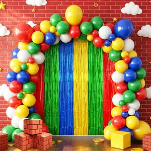 Red Yellow Blue Green Balloon Arch Garland Kit Birthday Party Decorations, Video Game Foil Fringe Backdrop Tinsel Streamers Banner Photo Booth Props Cartoon Gaming Theme Party Decor Supplies Favors