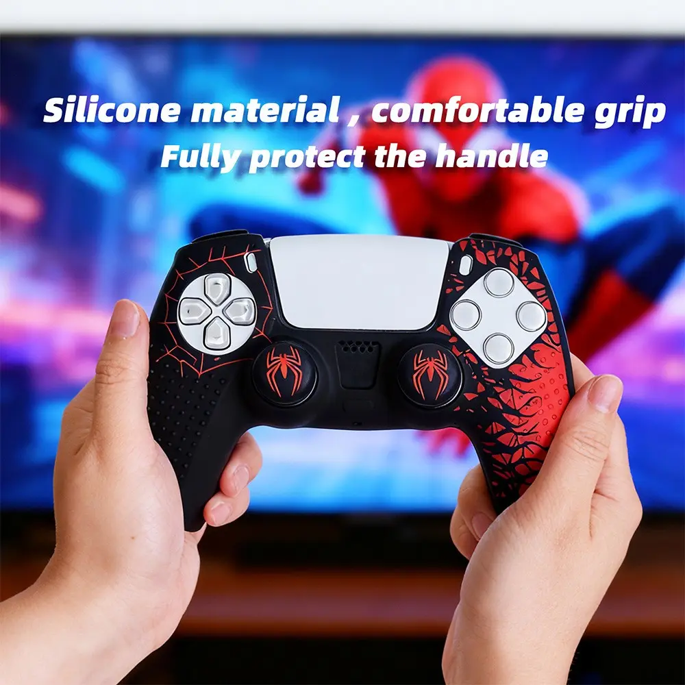 PS5 Gamepad Non-Slip Silicone Protective Cover - Soft Shockproof Shell with Ergonomic Grip, Includes Touchpad Spider Sticker & 2 Spider-Style Joystick Caps, Father's Day Gift for Console Accessories Protection， controller grips ps5 accessories.