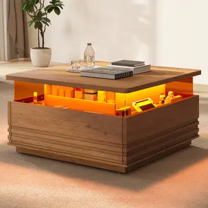 SIKAIC Square Fluted Coffee Table with LED Lights and 2 Drawers Storage, Mid-Century Modern Living Room Center Table, Small Natural Oak Indoor Furniture, Coffee Table Living Room