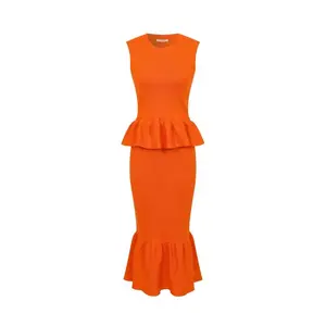 Tangerine Knit Peplum Midi Skirt Set