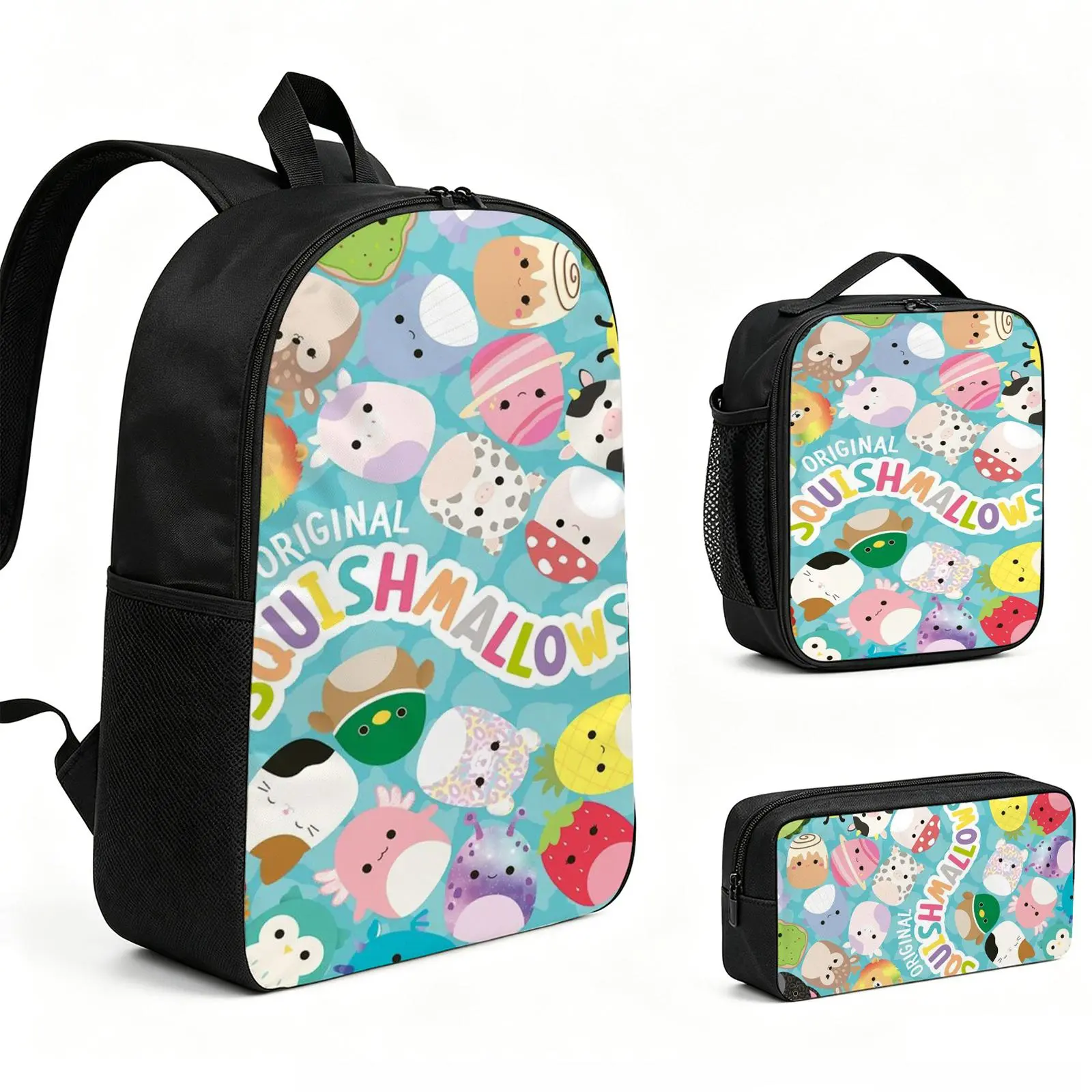 Squishmallows Backpack 3pcs Set with Vibrant Print, Durable School Bookbag with Insulated Lunch Tote and Pencil Bag for Teens Boys Girls, Multi-Functional Laptop Travel Daypack Gift for Kids L-164