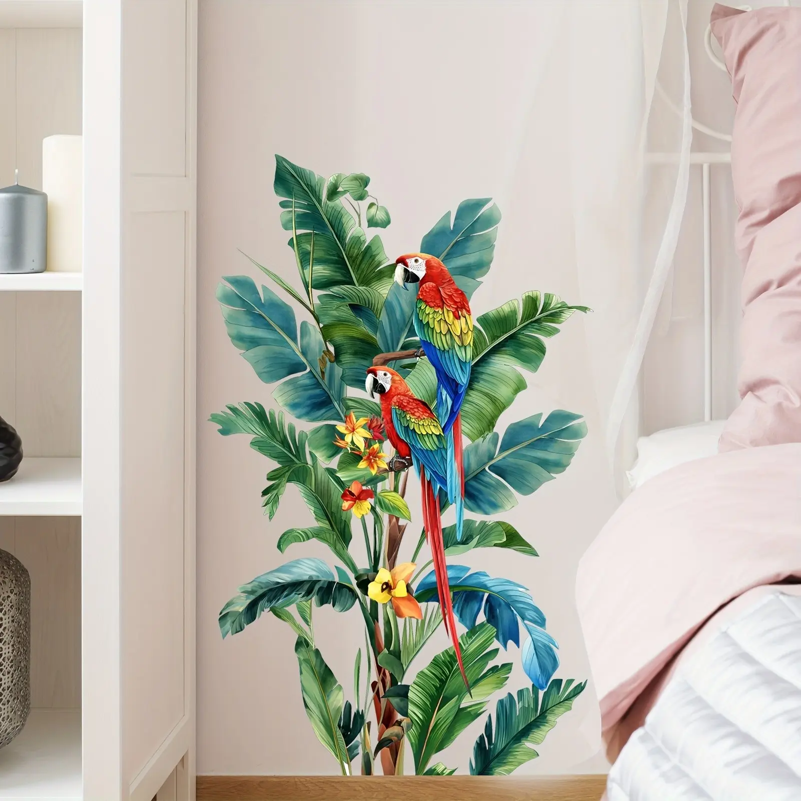 Tropical Plant Parrot Sticker, Decoration Sticker, Decorative Room Office Living Room Wall Decor, Vinyl Material, Easy Peel and Stick, 1pc