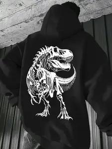 Men's Oversized T-Rex Skeleton Graphic Hoodie - Vintage Streetwear Pullover Hoodie, Comfy Fleece Lined Casual Sweatshirt with Dinosaur Skull Print, Hoodie for Daily Wear, Gym, Skateboarding, Trendy Black Hoodie for Teen Boys & Adults