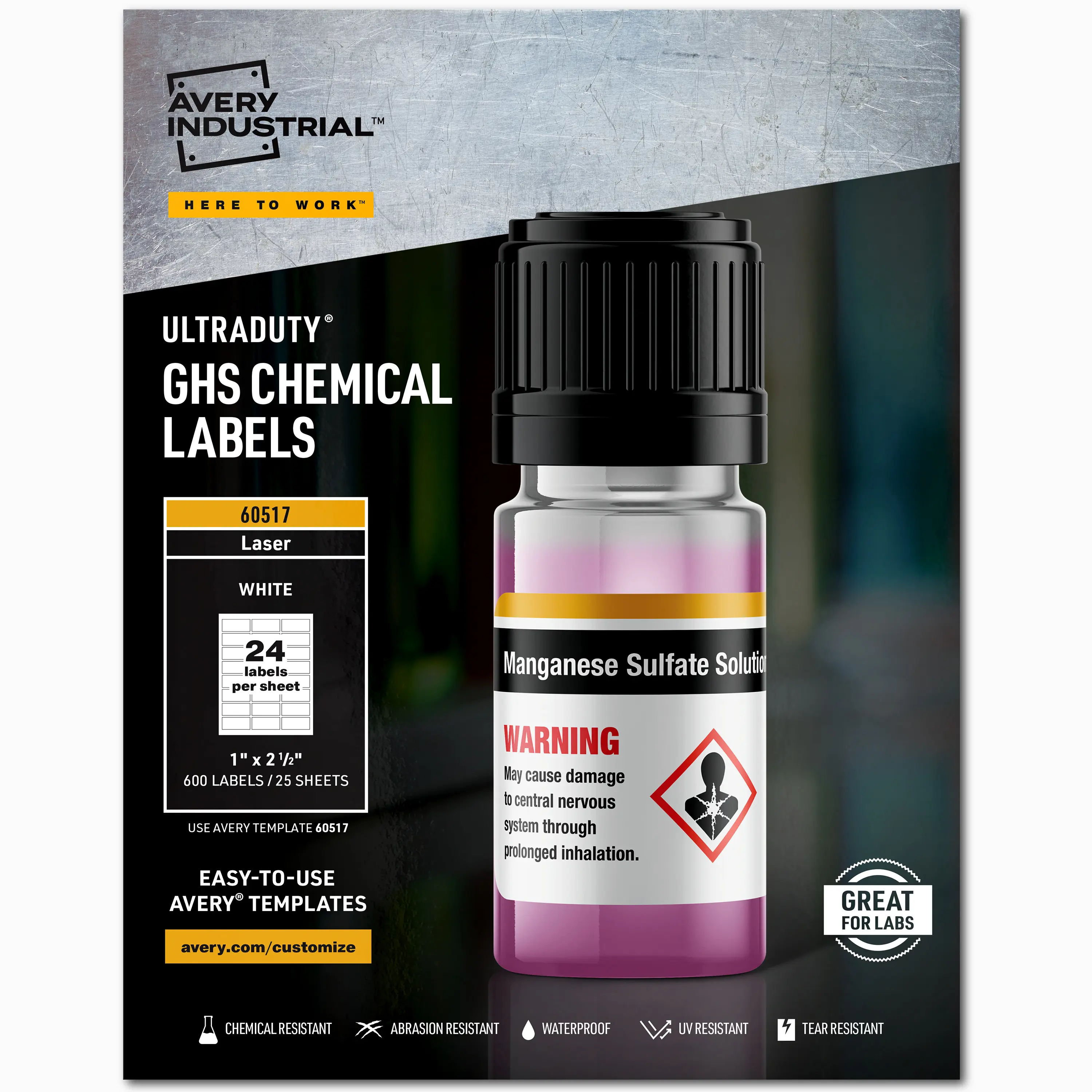 Avery UltraDuty GHS Chemical Labels for Laser Printers, Permanent Adhesive, Waterproof, UV Resistant, 1" x 2-1/2", 600 Labels (60517)