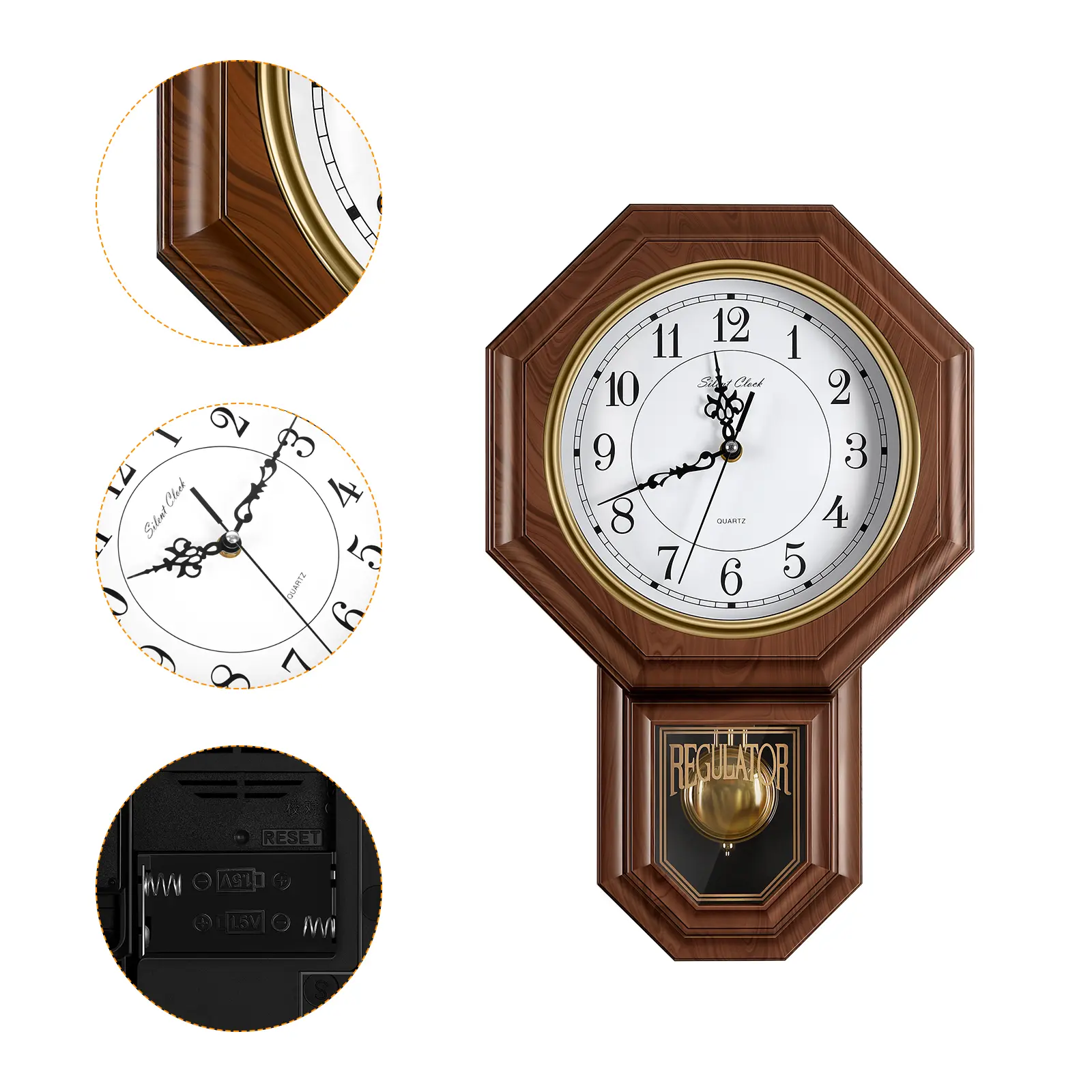Vintage Wood Grain Octagon Regulator Wall Clock, Silent Quartz Accurate Timekeeping, Swinging Pendulum, Large Easy-Read White Dial, Battery-Operated, Easy-To-Hang, for Living Room Farmhouse Home Decor