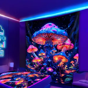 1pc Vibrant Mushroom Cluster UV Black Light Tapestry. Large Fluorescent Wall Hanging with Glowing Colors – Magical Fantasy Theme Design – Perfect for Bedroom, Living Room, or Office Decor – Includes Free Accessories – Mushroom Decor.