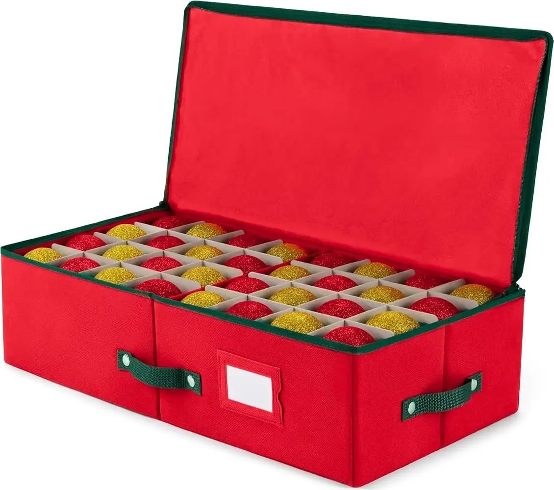 Zober 64-Count Christmas Ornament Storage Box, 3-Inch Dividers, Durable 600D Oxford Fabric, Red Underbed Organizer
