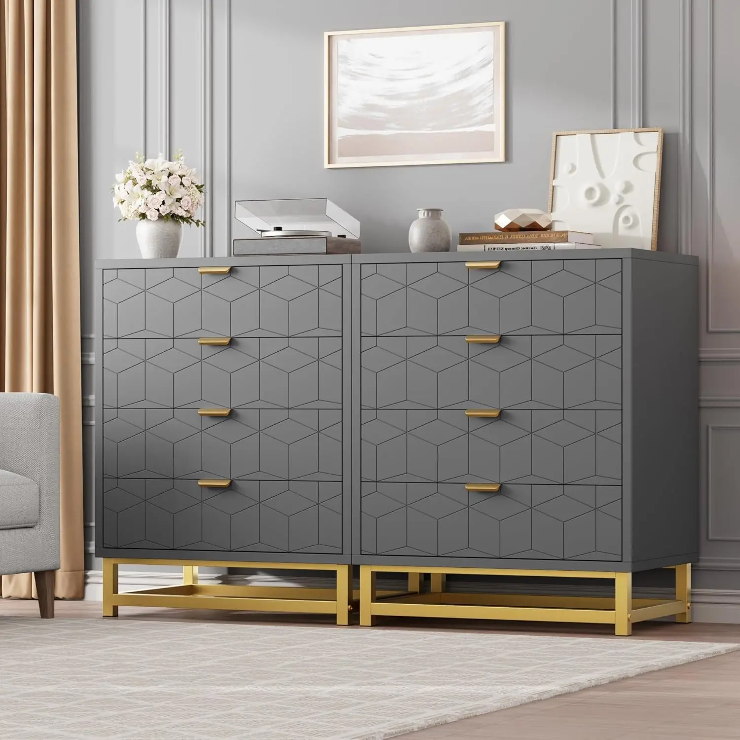 Gaomon Contemporary Gray 4-Drawer Chest of Drawers - Engineered Wood Rectangle Storage Cabinet, Bedroom Organization, Carved Panels Decor, Stable 4-leg Metal Base, 158"d x 236"w x 345"h, Assembly Required, Anti-Tip Devices, Easy Setup, Chest Of Drawer