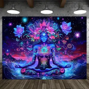 1pc Vibrant UV Reactive Chakra for Lotus Tapestry - Cosmic Meditation Design with Stars, Planets & Colorful for Lotus Flowers, Perfect for Indoor/Outdoor Party Decor, Spiritual Ambiance & Calm Environment, Outdoor Backdrop | Chakra Artwork | Durable Polye