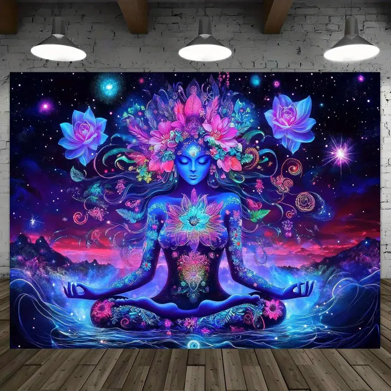 1 Knit Ultraviolet-Responsive Chakra Lotus Tapestry - Cosmic Meditation Design with Stars, Planets, Colorful Lotus Flowers, Ideal for Indoors, Outdoor Party Decoration & Spiritual Atmosphere Enhancement