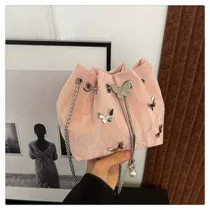 Design Pleated Drawstring Butterfly Versatile Chain Bucket Bag with Unique Pleated Design & Secure Drawstring Closure for Everyday Use