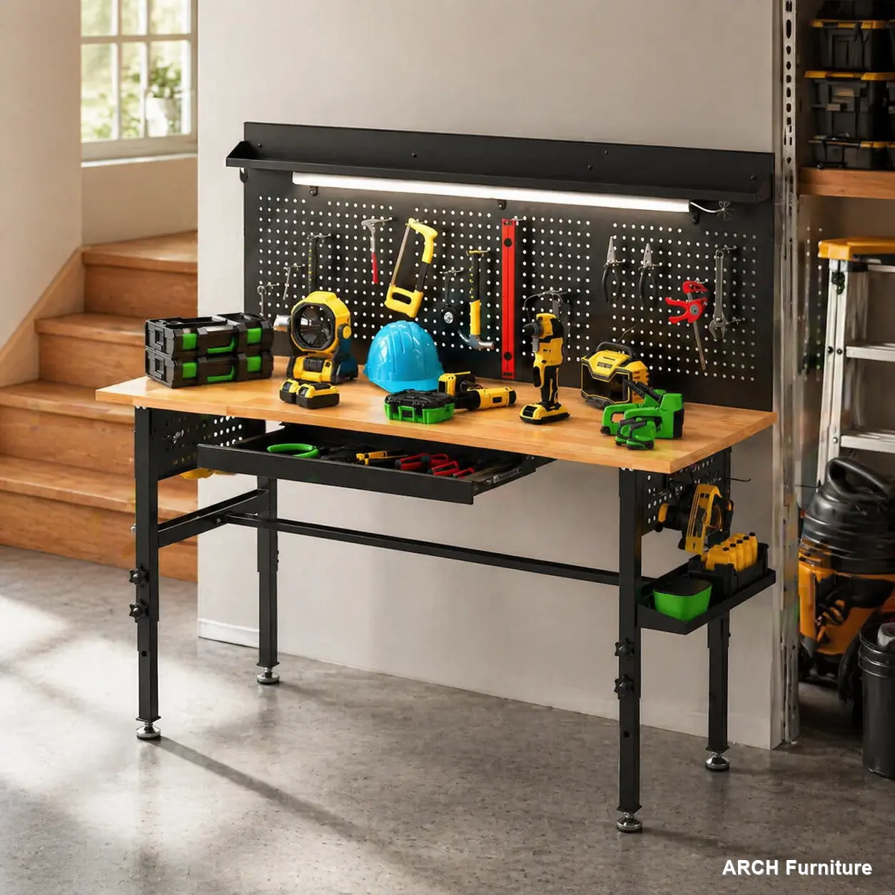 60-Inch Garage Workbench with 60x23in Scratch-Resistant Solid Wood-Steel Top, 2000 lbs Capacity, Adjustable Height, Power Outlet, LED Light, Wheels-Leveling Legs, Drawers for Heavy Projects & Garage Tool Storage