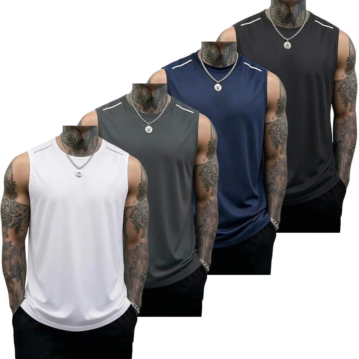 4PCS men’s fitness tank tops, casual sleeveless muscle T-shirts, bodybuilding T-shirts, men’s crew-neck compression shorts for basketball, sports tank tops, solid color design, summer style. Father’s Day Gift Recommendations,summerwins,father'sdaygifts
