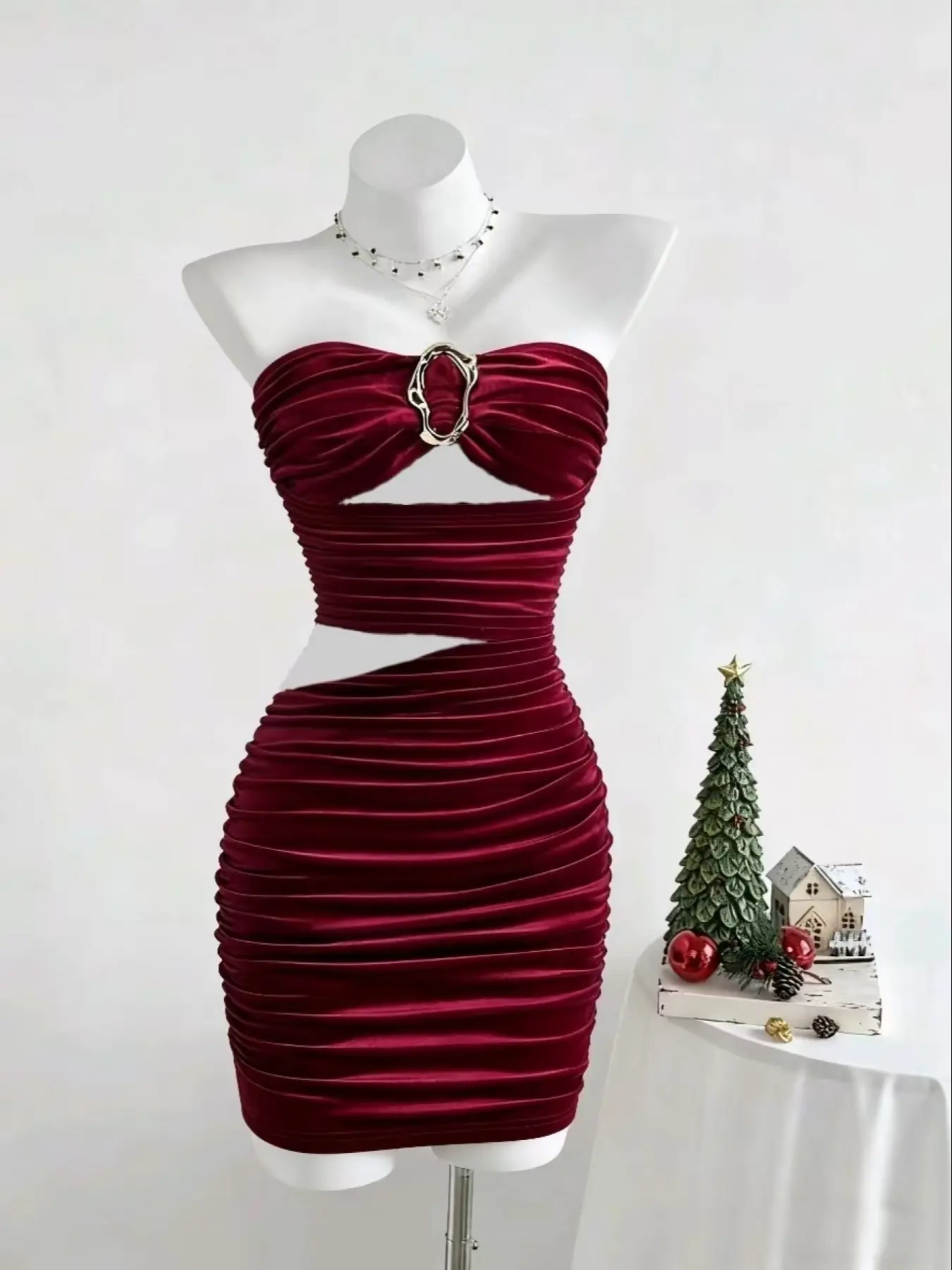 Women's Christmas Off-Shoulder Round Button Asymmetrical Irregular Dress, Slim-Fitting Long Sleeve Halloween Party Gown, Womenswear