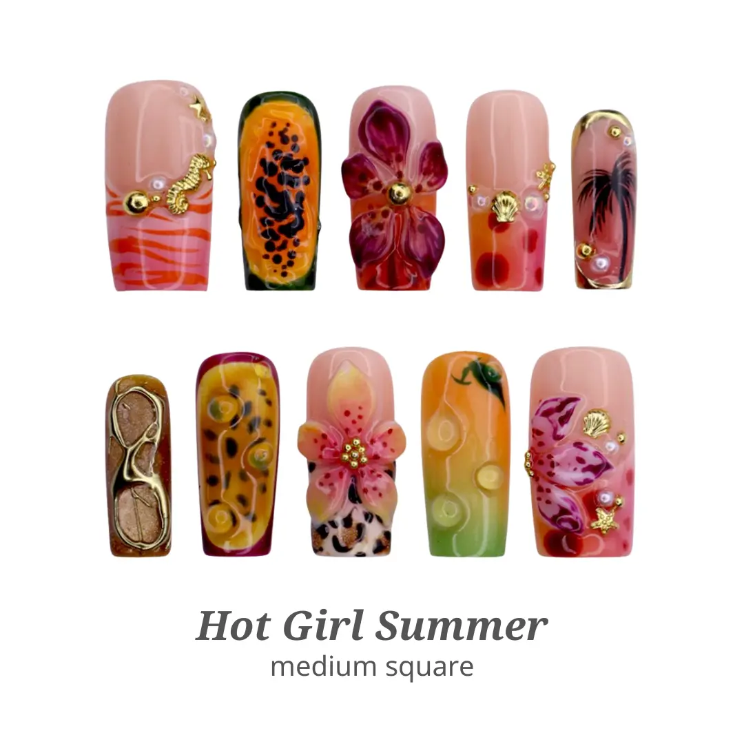 Lilynailsart | Hot Girl Summer Press On Nails - Tropical Flower, Papaya & Palm Tree Nails - Medium Square