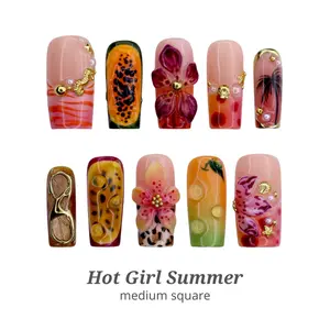 Lilynailsart | Hot Girl Summer Press On Nails - Tropical Flower, Papaya & Palm Tree Nails - Medium Square