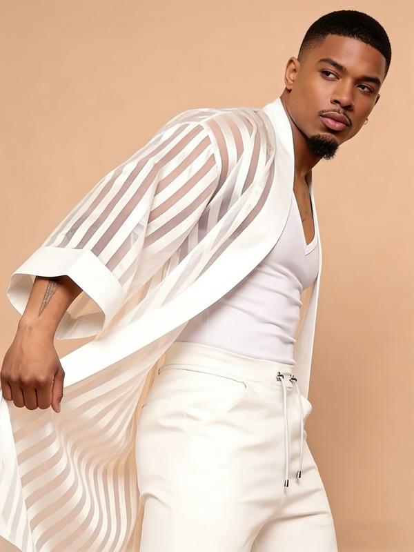 Men’s Sheer Striped Kimono Jacket – White Statement Layer for Nightwear & Fashion Styling