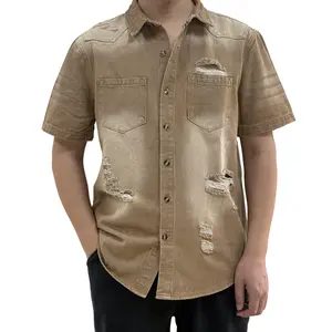 WIRDATRD Men's Ripped Gradient Short Sleeve Denim Shirt Button Front Dual Pocket All-Season Casual Wear for Valentines Day