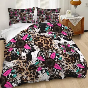 2/3Pcs Leopard Print Sunflower Pattern Duvet Cover Set, Y2K Style Bedding Set, Bed Sets Supplies, Bedroom Decoration, Including 1 or 2 Pillowcases - No Padding/Zipper Closure