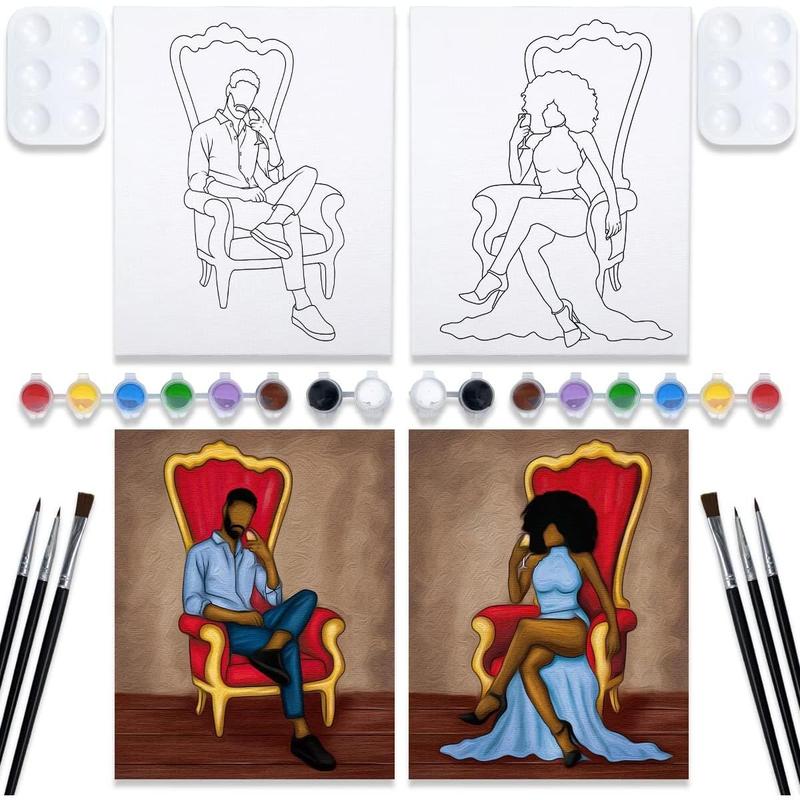 Couples Painting Kit Date Night Afro Couples with Cool  Sip and  Kit for Adults Pre Drawn Canvas for Painting for Adult Love Pre Drawn Stretched Canvas Kit Art Set 2 Pack 8"x10"