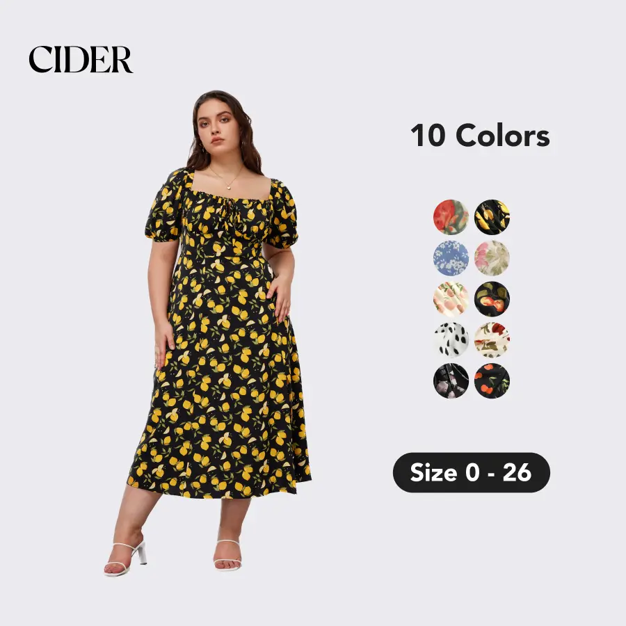 Cider [10 colors, Size 0-26] Cider Fruit A-Line Dress with Adjustable Bust & Detachable Puff Sleeves, Plus Size Lightweight Spring-Summer Dresses, Cute Shirred Midi with Stretchy Back Panel [LIVE ONLY] SummerFinds