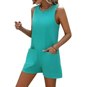 Romper Round Neck Sleeveless Front Pocket