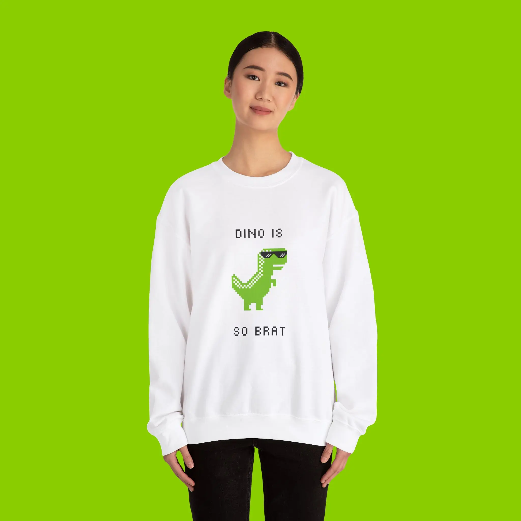 Dinosaur Brat Crewneck Sweatshirt - Trendy Party Girl Fashion, Brat Green, Dino with Sunglasses, Unisex Hoodie, Funny Long Sleeve Shirt,