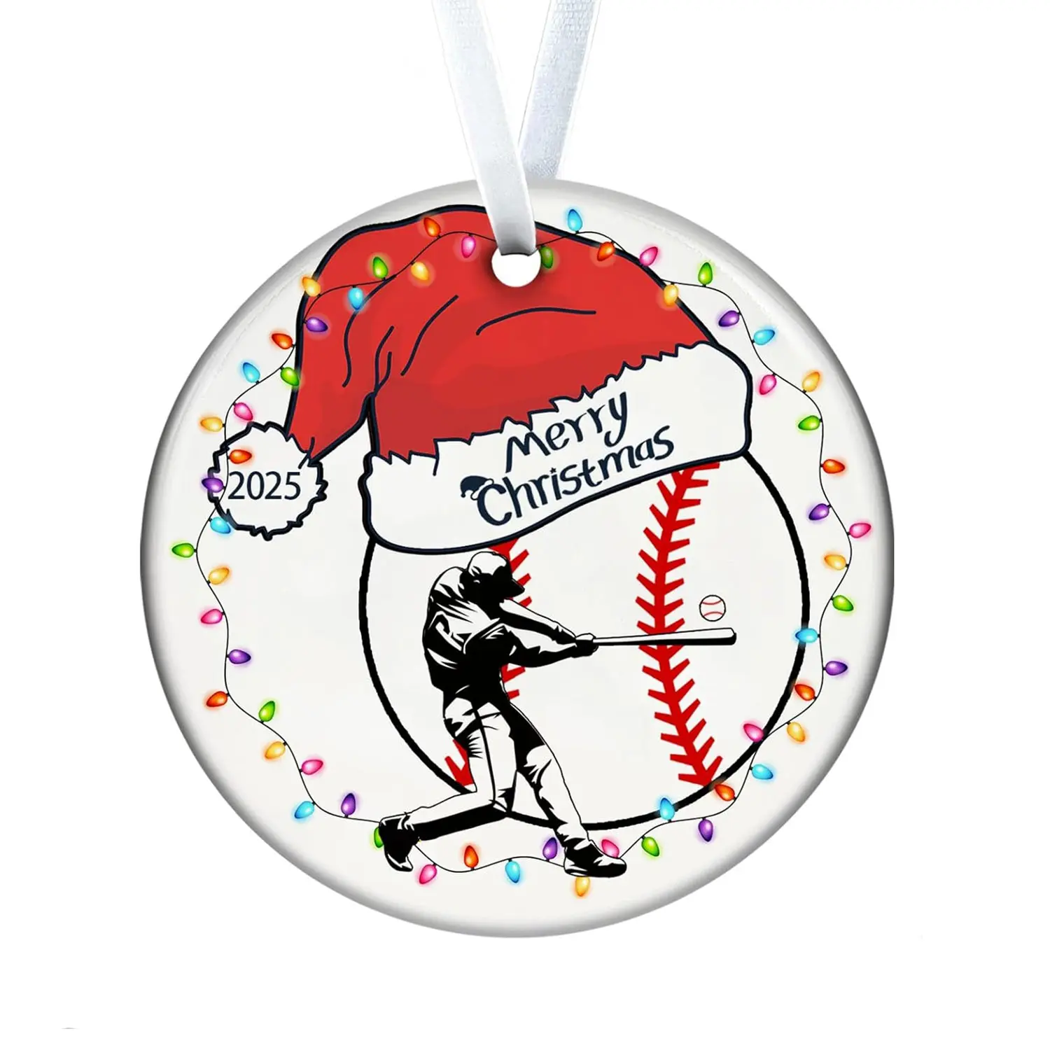 Baseball Christmas Ornament 2025, Merry Xmas Decor With Santa Hat And Lights, Sports Themed Holiday Gift For Baseball Lovers