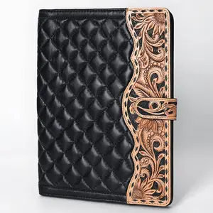 ADBG1676 Black Quilted Leather Portfolio with Tooled Floral Edge - American Darling