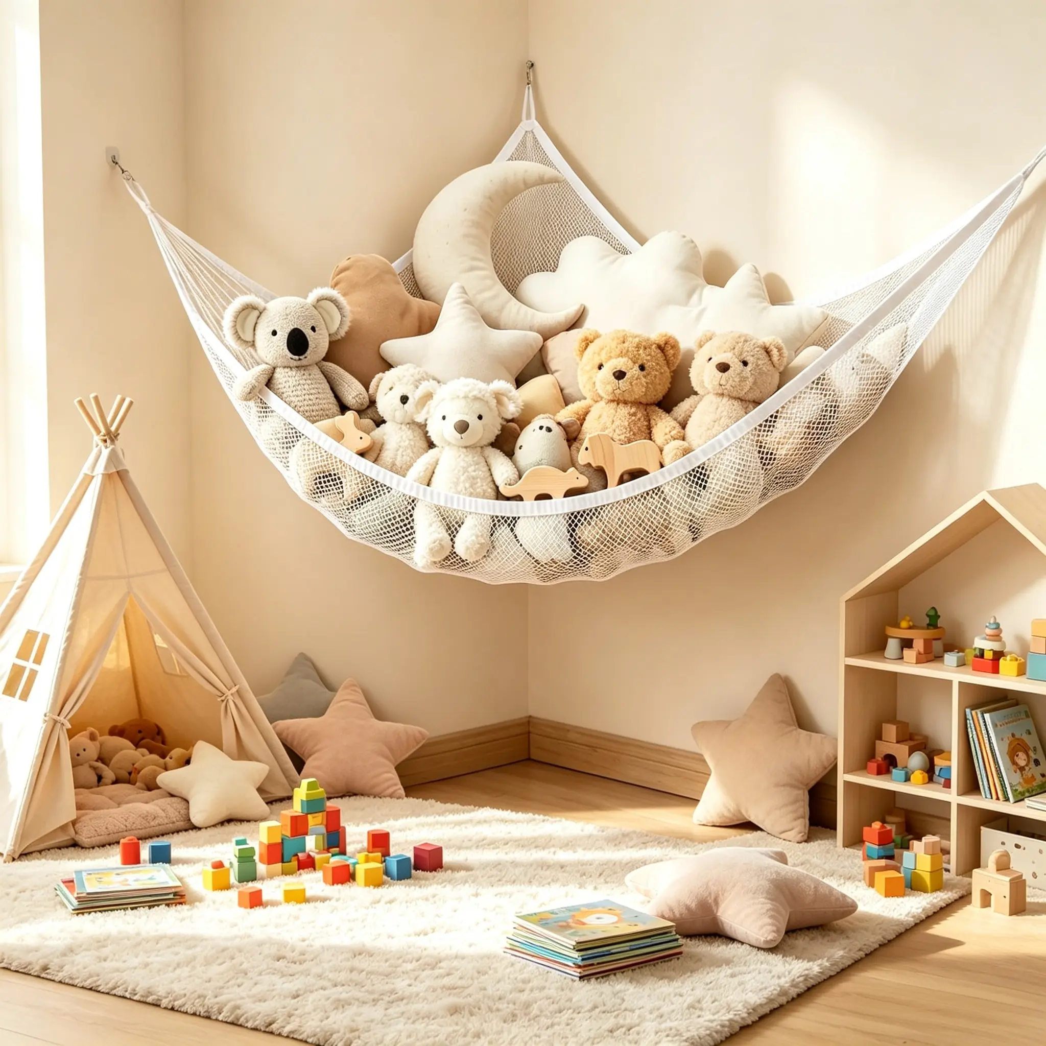 Wall Hanging Mesh Storage Hammock, Adjustable Corner Wall Mount Net Organizer, Stuffed Animal Storage, Hanging Net Holder for Pillows, Clothes, Light Blankets, Bedroom Space Saving Storage