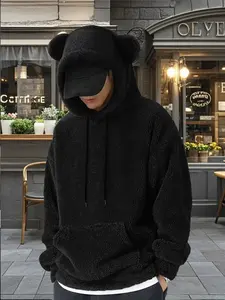 Men's Fall Winter Hoodie Bear Ears Design, Fleece Warm Fitted Casual Sweatshirt, Large Pocket Couple, Perfect for Home & Outdoor Activities